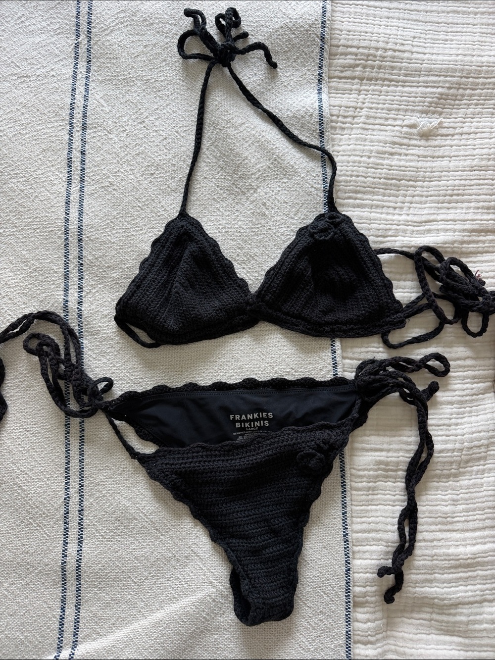Frankie's Bikinis Makenzie Black Crochet Tie-Side Triangle Bikini Set